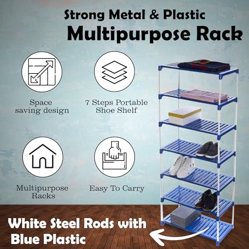 Dhani Creations 7-Tier Shoe Rack – Durable & Space-Saving Organizer | Metal Rods & Plastic Shelves | Multipurpose Storage for Shoes, Clothes, Books & Toys | Sturdy Stand for Home, Entryway & Bedroom Amazon.in: Home & Kitchen
