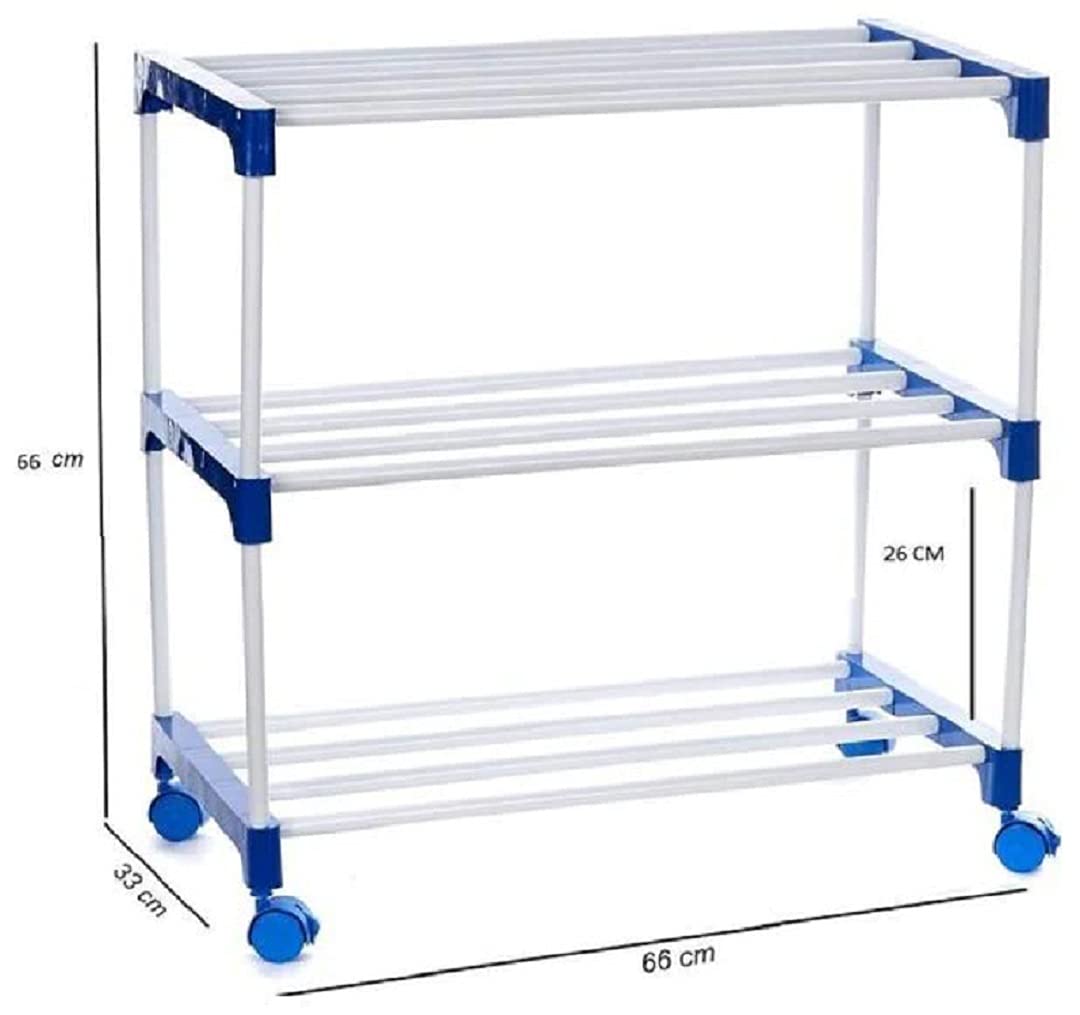 Dhani Creations Iron Rods and Plastic Joints Portable Multi Utility Shoe Rack with Wheels (3 Shelf)