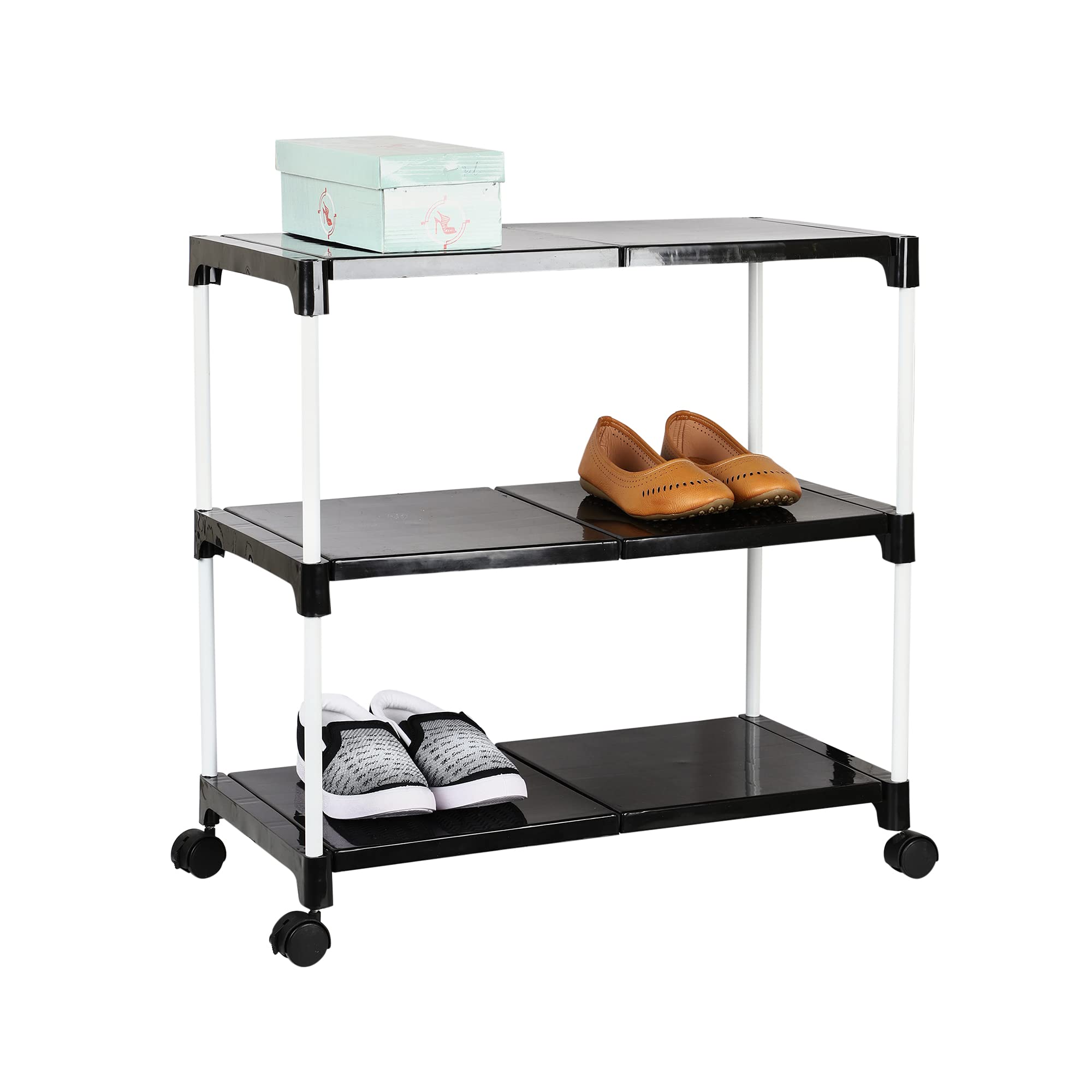 Dhani creation Extra Strong Multipurpose Rack for Shoes with Wheel, 3 Step (Black)