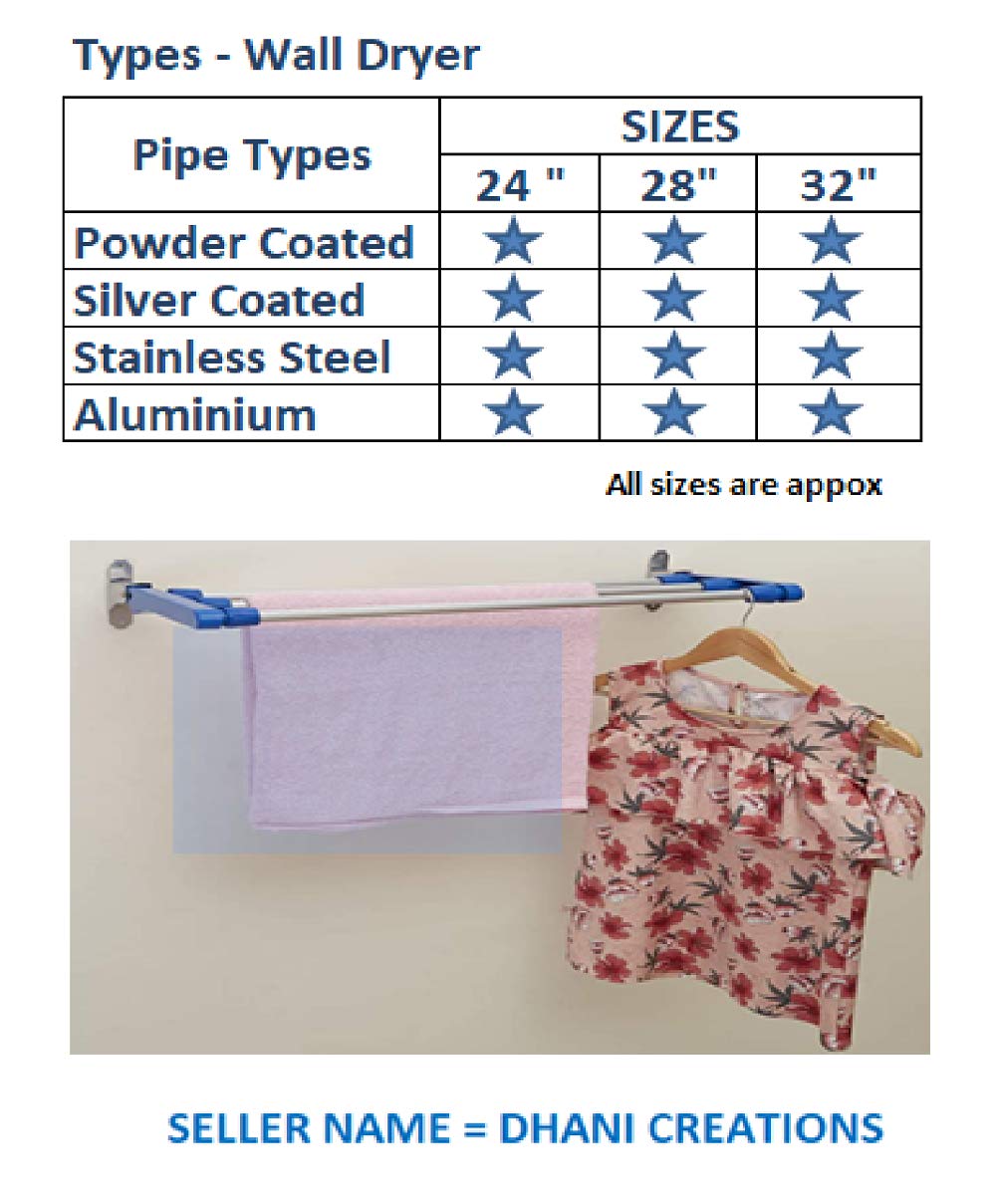 Dhani Creations Mild Steel Wall Mounted Folding Adjustable Clothes Laundry Drying Rack 3 Pipe X 2 Feet/24 inches (Blue)(Alloy Steel)