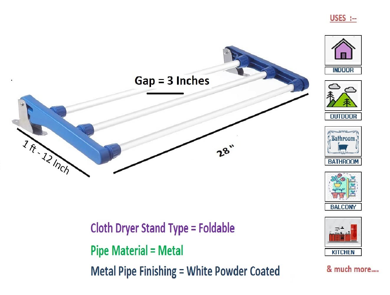 Dhani Creations Mild Steel Wall Mounted Foldable Drying Rack/Drying Stand - 3 Pipe X 2 Feet/24 inches (Blue and Silver, 2 feet 4 Inches)(Alloy Steel)