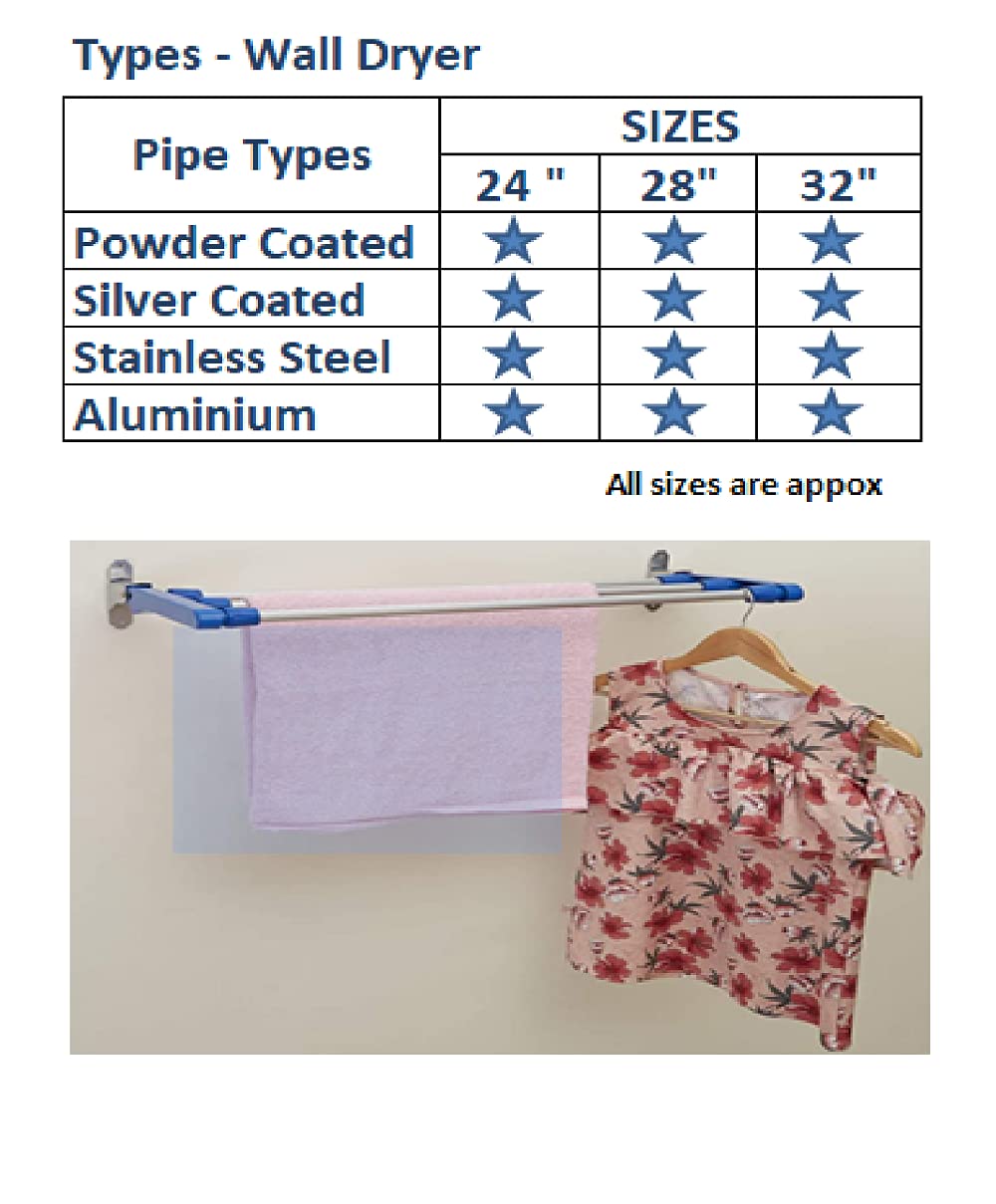 Dhani Creations Blue & White Foldable Wall Mounted Clothes Drying Rack/Cloth Dryer Rack/Hanger/Cloth Drying Stand for Balcony, Indoor, Outdoor - 3 Pipe X 24 inches(Alloy Steel)
