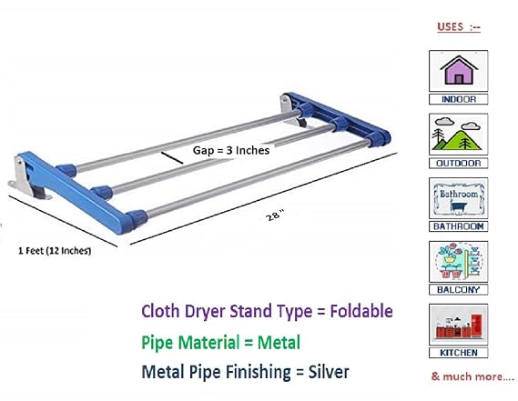 Dhani Creations Mild Steel Wall Mounted Foldable Drying Stand Rack (Blue, Silver, 3 Pipe X 2 Feet/28 inches)