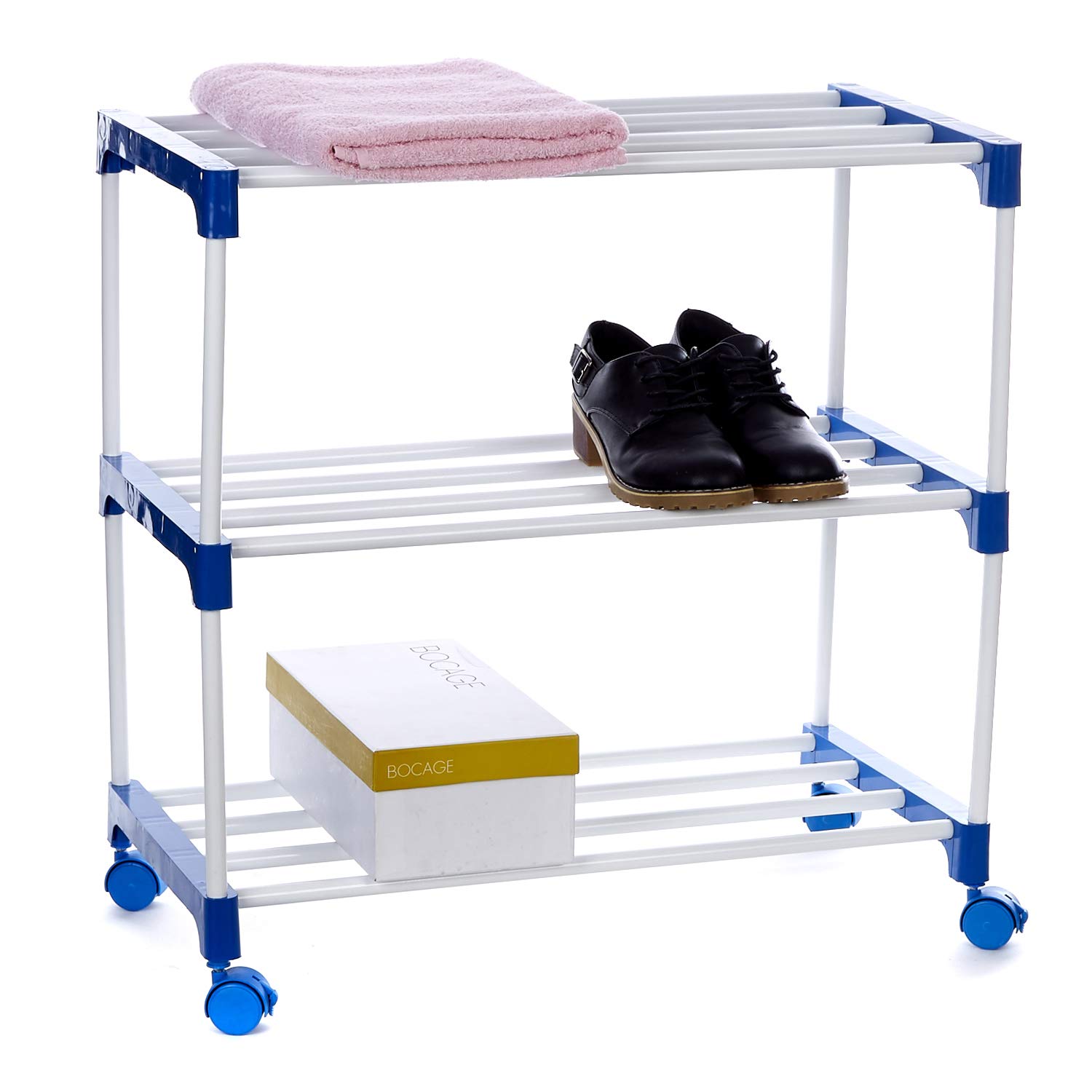 Dhani Creations Iron Rods and Plastic Joints Portable Multi Utility Shoe Rack with Wheels (3 Shelf)