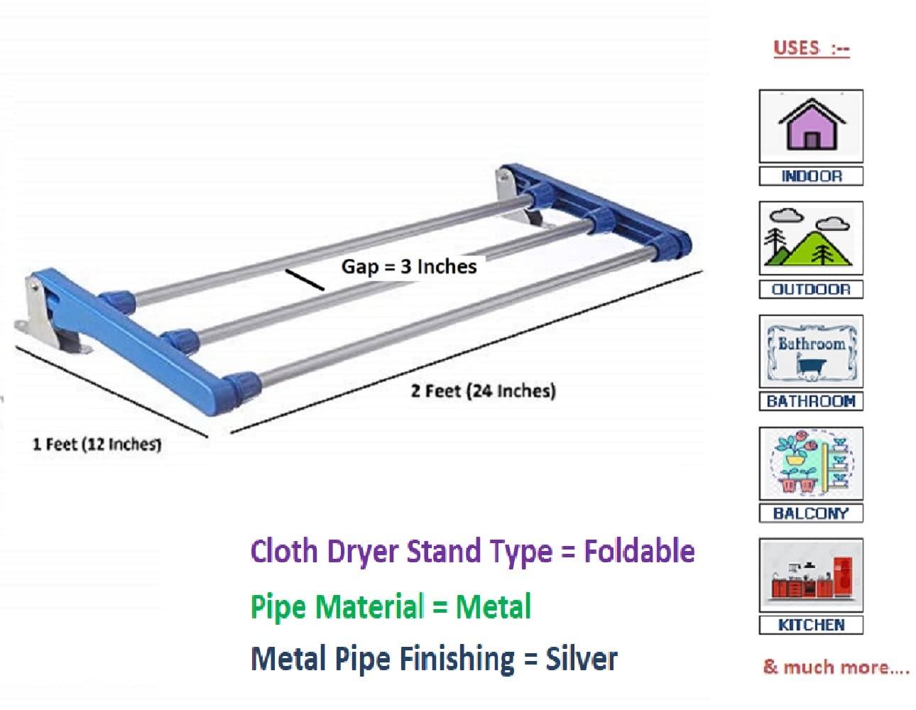 Dhani Creations Mild Steel Wall Mounted Folding Adjustable Clothes Laundry Drying Rack 3 Pipe X 2 Feet/24 inches (Blue)(Alloy Steel)