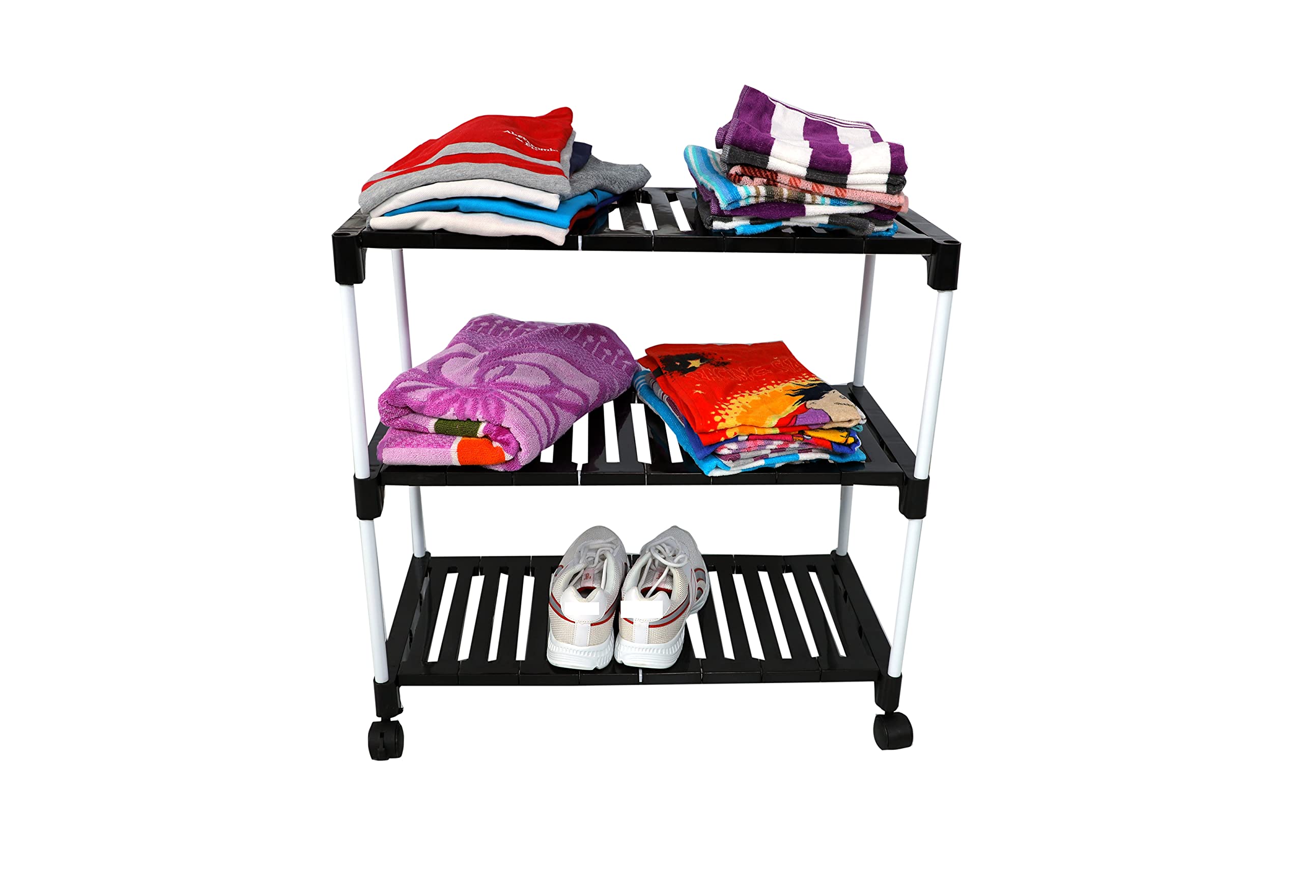 Dhani Creations Black & White Extra Strong Multipurpose Organizer Plastic Steps and Powder Coated Metal Rods Shoe Racks/Clothes/Books/Utility Rack with Wheels (3 Step)