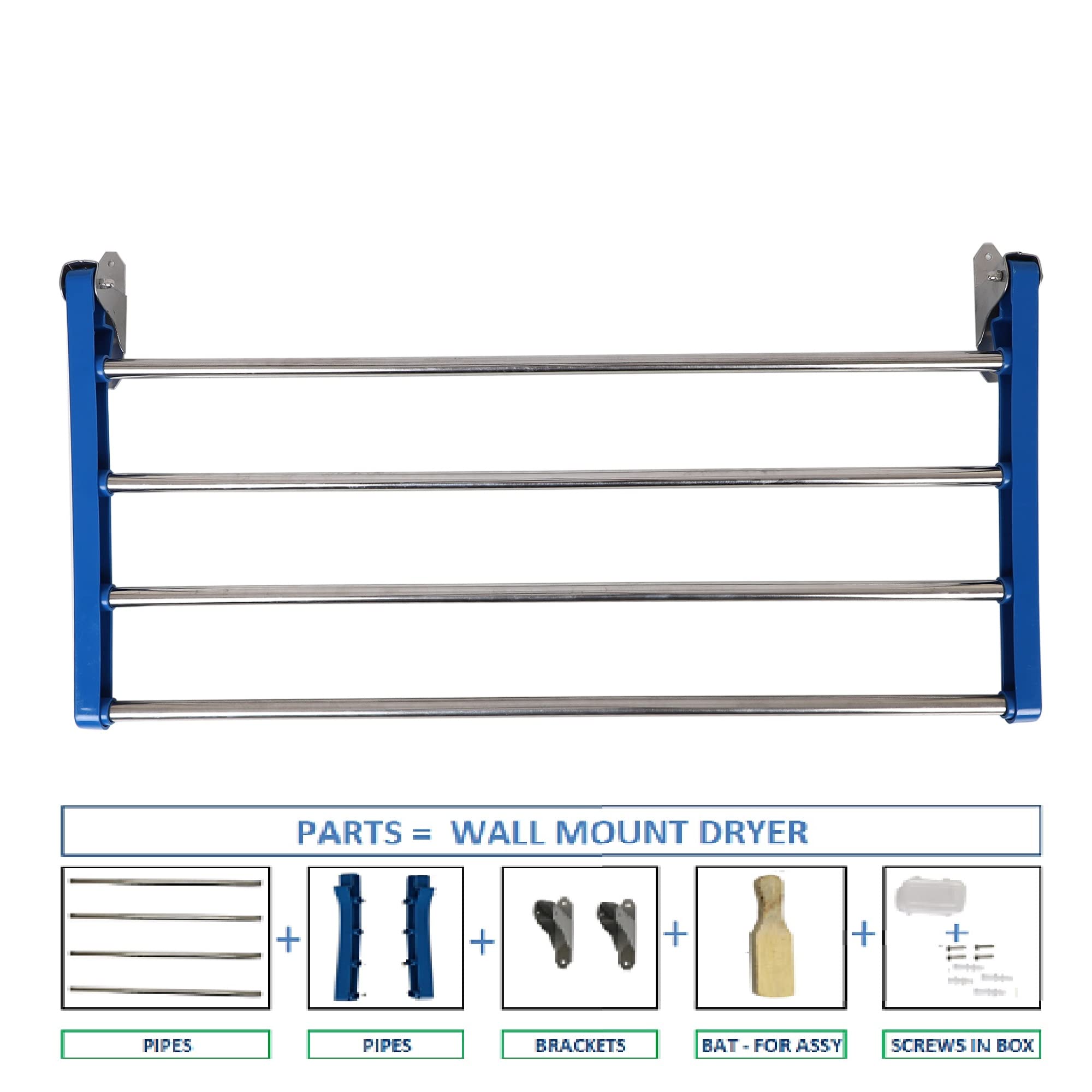 Dhani Creations Wall Mounted Clothes Drying Rack/Clothes Stand for Drying/Wall Cloth Stand Hanger/Foldable Cloth Drying Stand for Balcony/Indoor/Outdoor, 4 Pipes X 2 Feet/24 Inches (Blue)