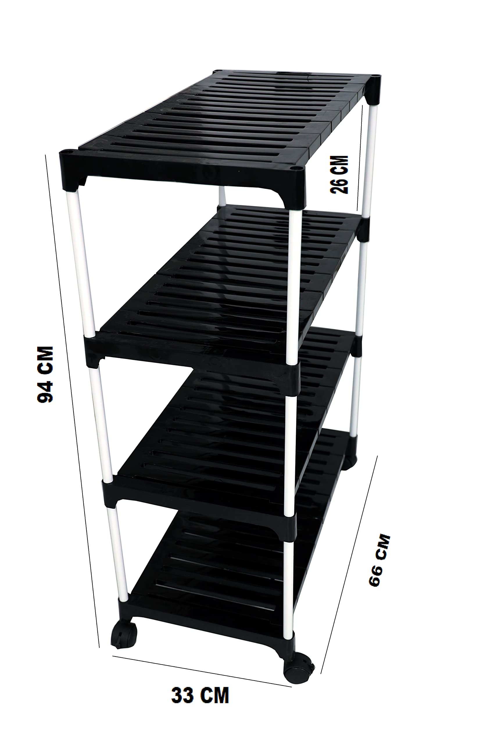 Dhani Creations Black & White Extra Strong Multipurpose Organizer Plastic Steps and Powder Coated Metal Rods Shoe Racks/Clothes/Books/Utility Rack with Wheels (4 Step)