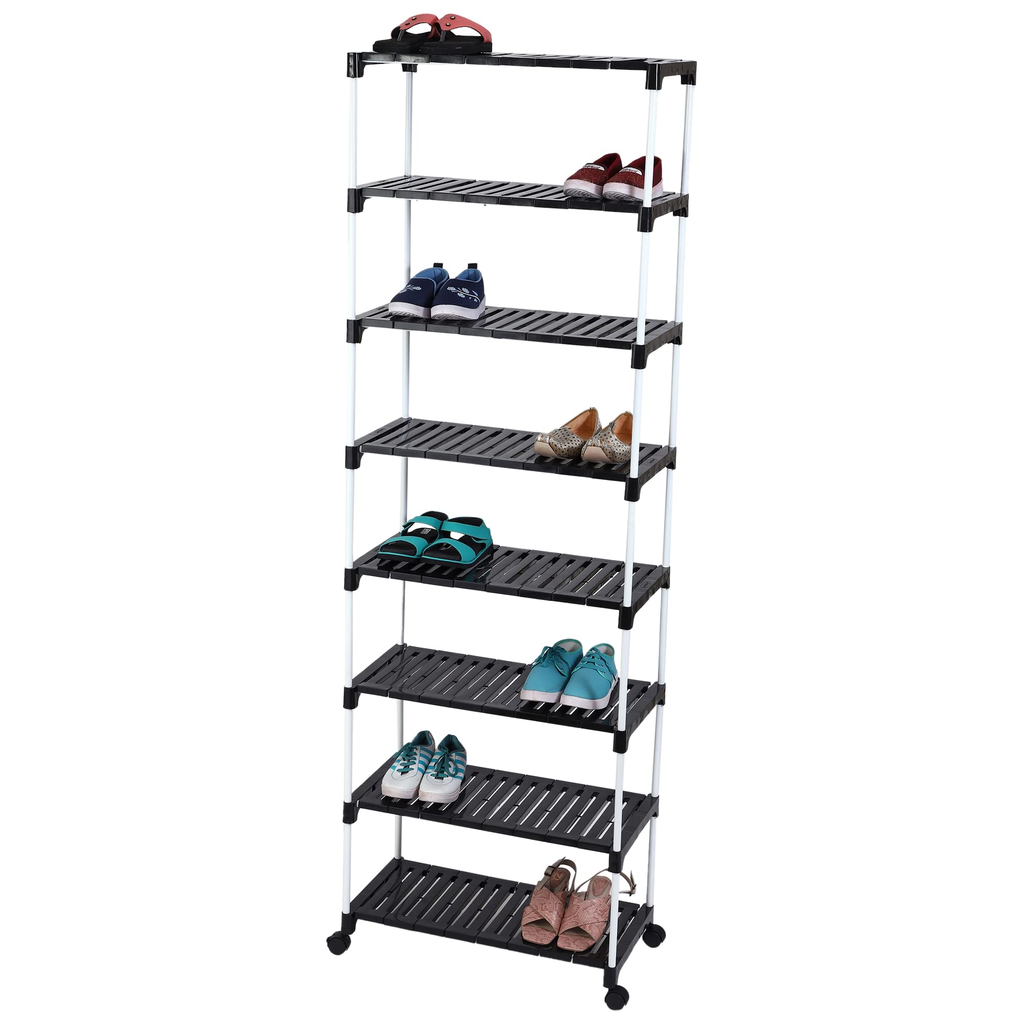 Dhani Creations 8 Tier Shoe Storage Racks with Wheels Space Saving Metal & Strong Plastic Shoe Shelves Organizer for Home, Hallway, Bedroom & Entryway, (8 Steps Rack)