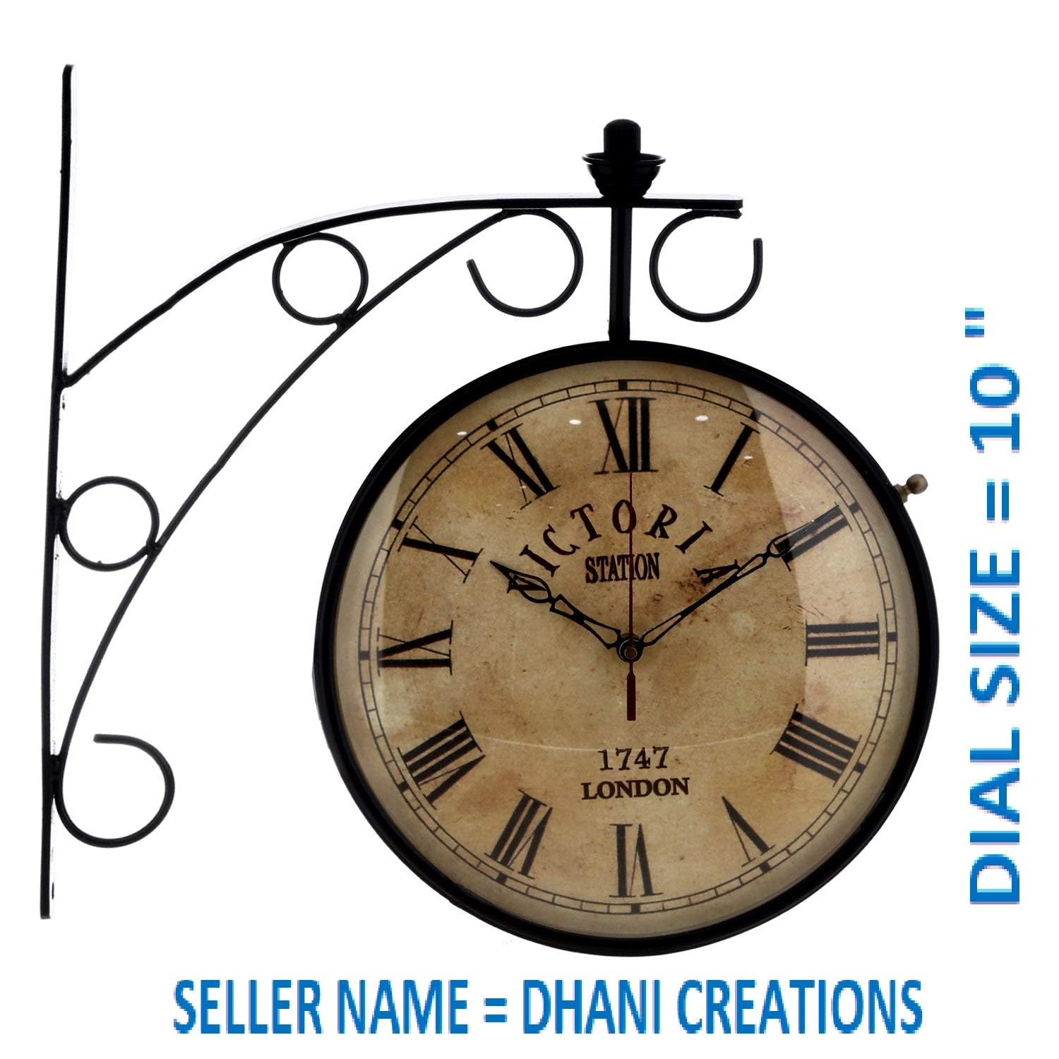 Dhani Creations Metal Dial Vintage Antique Station Double Sided Wall Clock for Home - 10 inch, (Black)