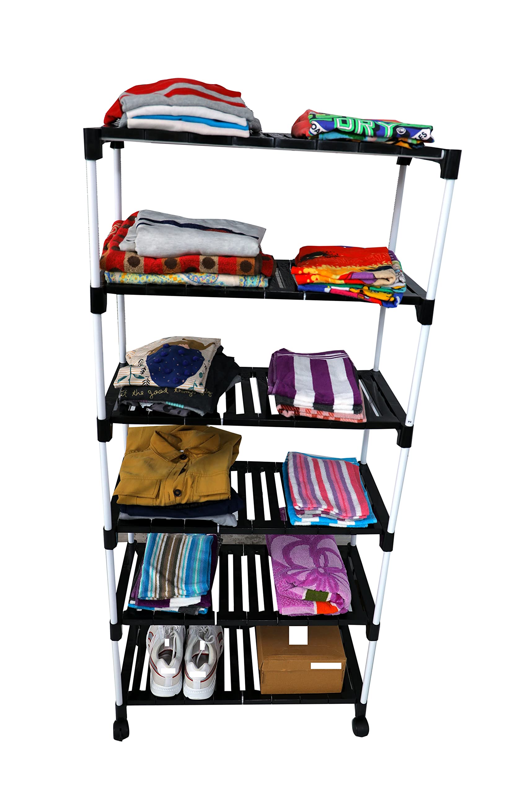Dhani Creations Black & White Extra Strong Multipurpose Organizer Plastic Steps and Powder Coated Metal Rods Shoe Racks/Clothes/Books/Utility Rack with Wheels (6 Step)