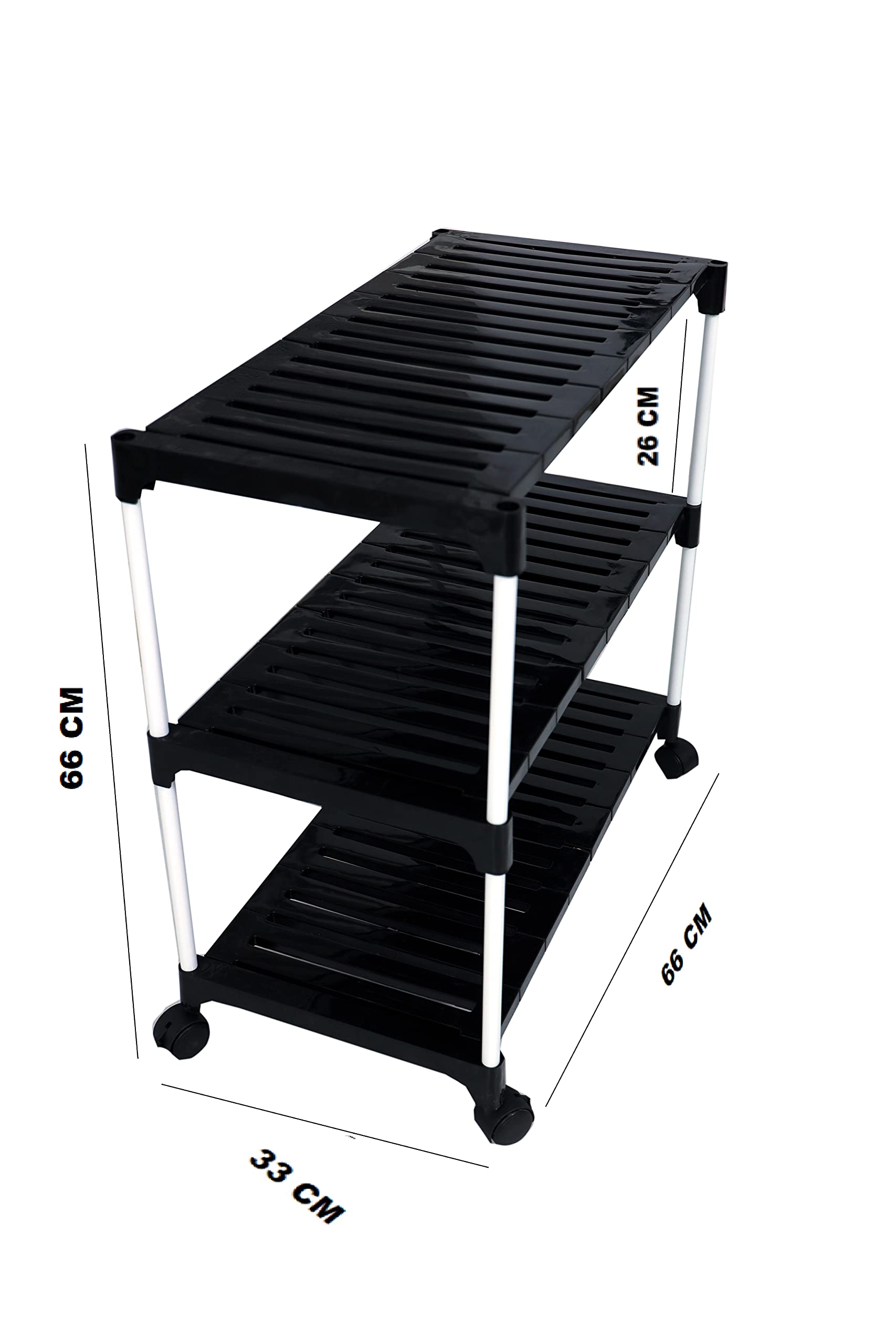Dhani Creations Black & White Extra Strong Multipurpose Organizer Plastic Steps and Powder Coated Metal Rods Shoe Racks/Clothes/Books/Utility Rack with Wheels (3 Step)