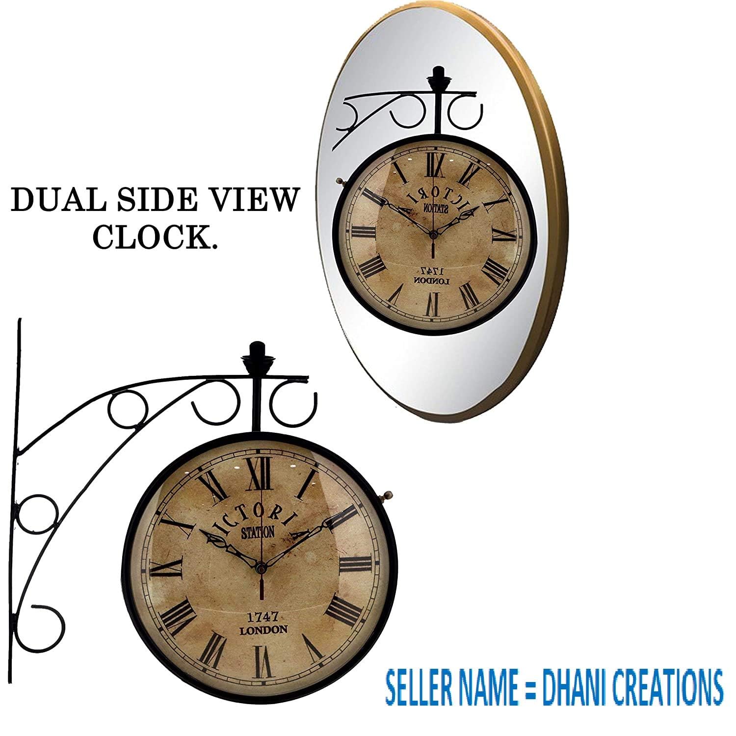 Dhani Creations Metal Dial Vintage Antique Station Double Sided Wall Clock for Home - 10 inch, (Black)