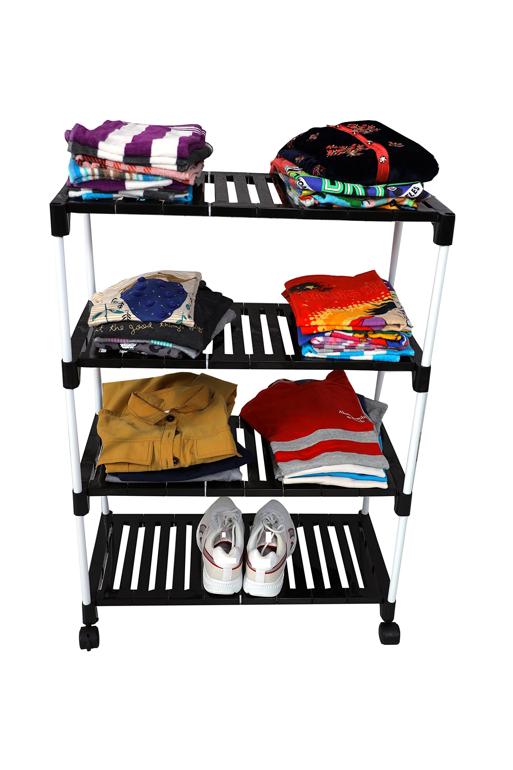 Dhani Creations Black & White Extra Strong Multipurpose Organizer Plastic Steps and Powder Coated Metal Rods Shoe Racks/Clothes/Books/Utility Rack with Wheels (4 Step)