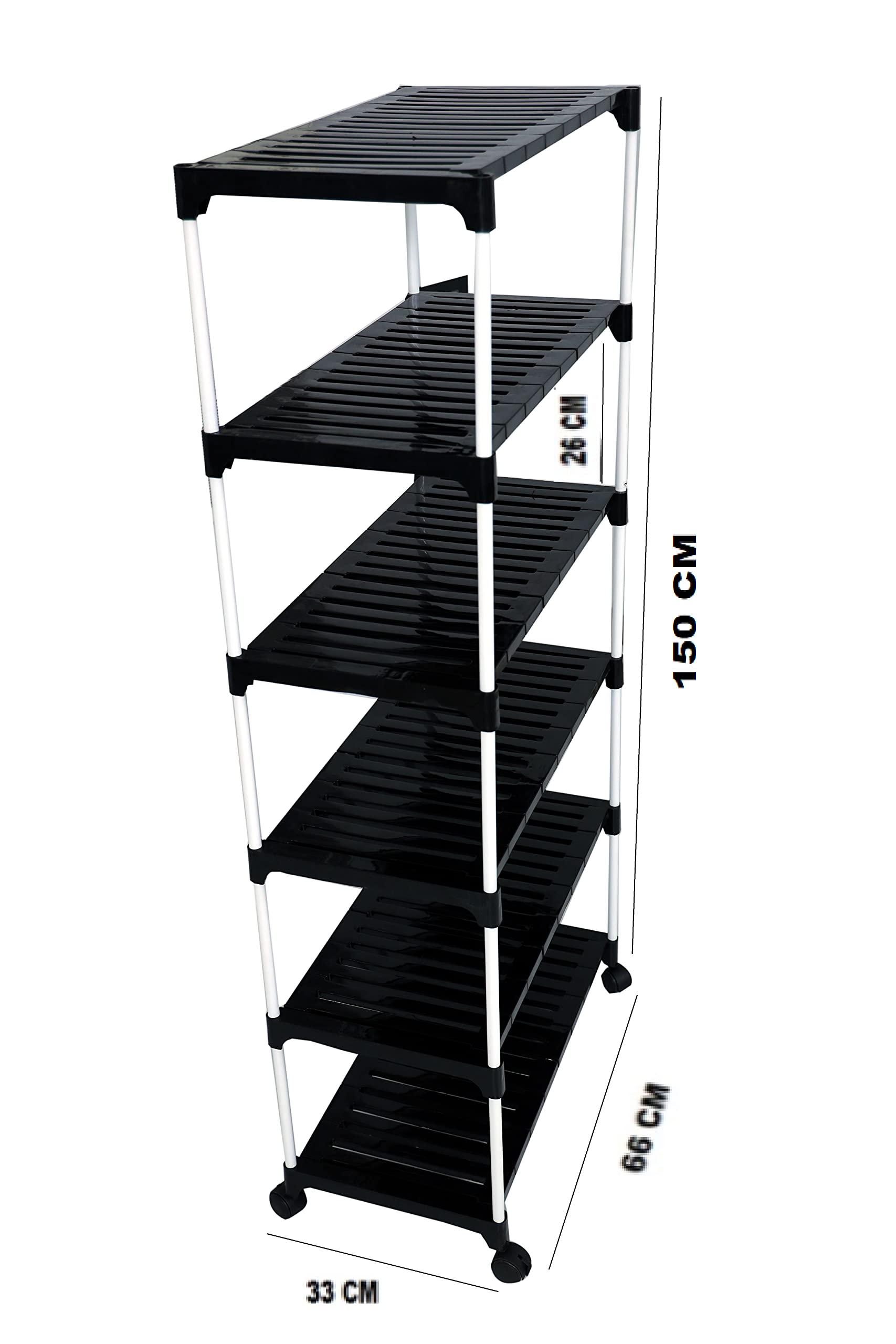 Dhani Creations Black & White Extra Strong Multipurpose Organizer Plastic Steps and Powder Coated Metal Rods Shoe Racks/Clothes/Books/Utility Rack with Wheels (6 Step)