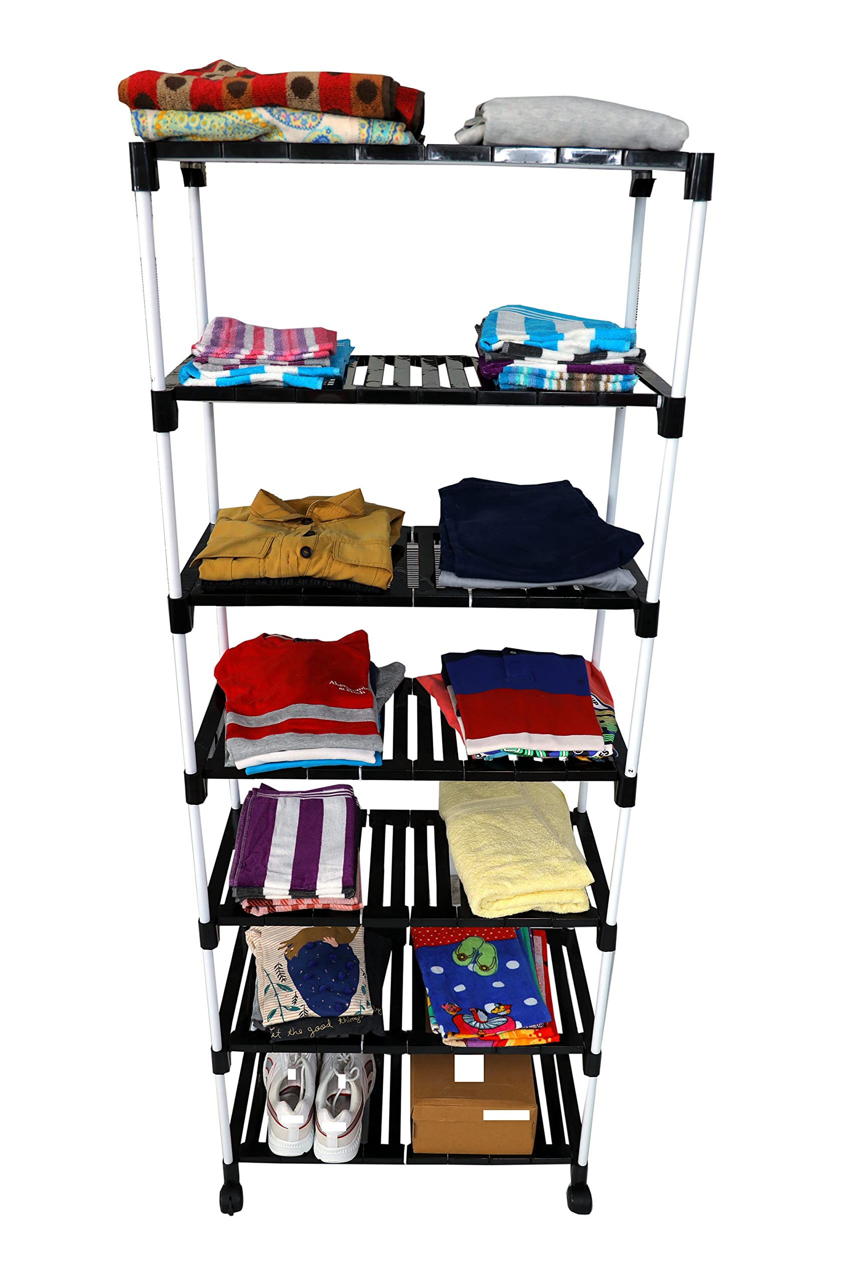 Multi-Purpose Shoe Racks with Wheels Extra Strong Metal Rods with 7 Plastic Shelves Rack Portable Racks for Storage Multipurpose Clothes/ Books/ Kitchen/ Utility Rack/ Shoe Stand for Home, (7 Step)