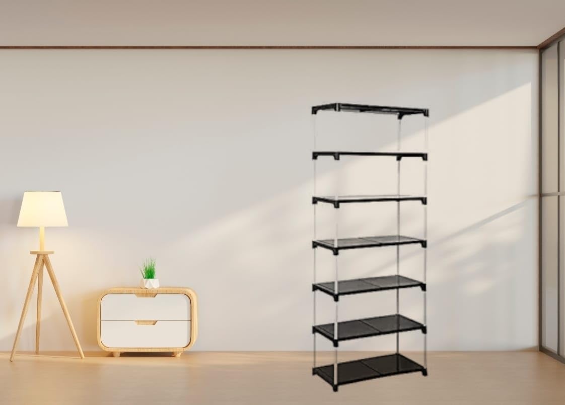 Dhani Creation Black & White Extra Strong Multipurpose Organizer Plastic Steps and Powder Coated Metal Rods Shoe Racks/Clothes/Books/Utility Rack (7 Step)