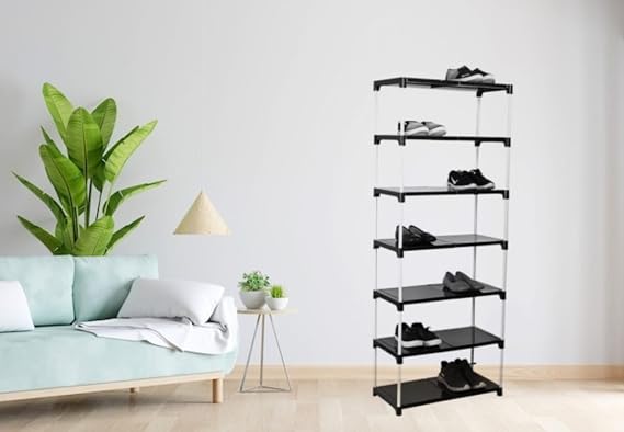 Dhani Creation Black & White Extra Strong Multipurpose Organizer Plastic Steps and Powder Coated Metal Rods Shoe Racks/Clothes/Books/Utility Rack (7 Step)