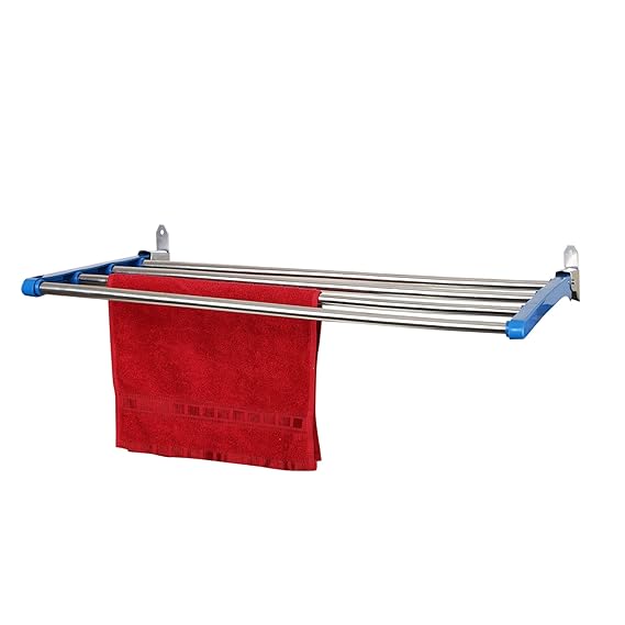 Dhani Creations Wall Mounted Clothes Drying Rack/Clothes Stand for Drying/Wall Cloth Stand Hanger/Foldable Cloth Drying Stand for Balcony/Indoor/Outdoor, 4 Pipes X 2 Feet/28 Inches (Blue)