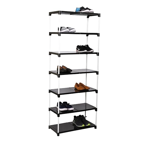 Dhani Creation Black & White Extra Strong Multipurpose Organizer Plastic Steps and Powder Coated Metal Rods Shoe Racks/Clothes/Books/Utility Rack (7 Step)
