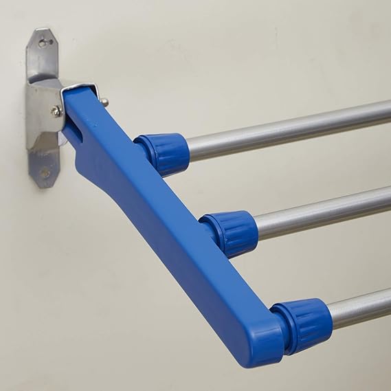 Dhani Creations Wall Mounted Cloth Stand for Drying Clothes Foldable Cloth Drying Stand/Clothes Drying Rack, 3 Pipes X 2 Feet/32 Inches (Blue)(Alloy Steel)