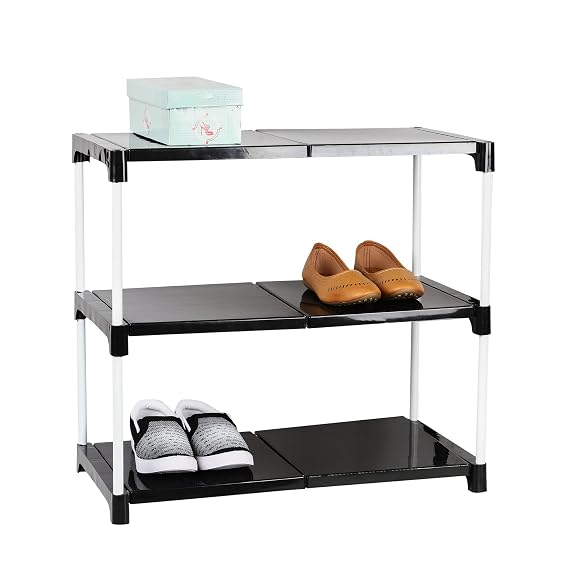 Dhani Creation Black & White Extra Strong Multipurpose Organizer Plastic Steps and Powder Coated Metal Rods Shoe Racks/Clothes/Books/Utility Rack (3 Step)