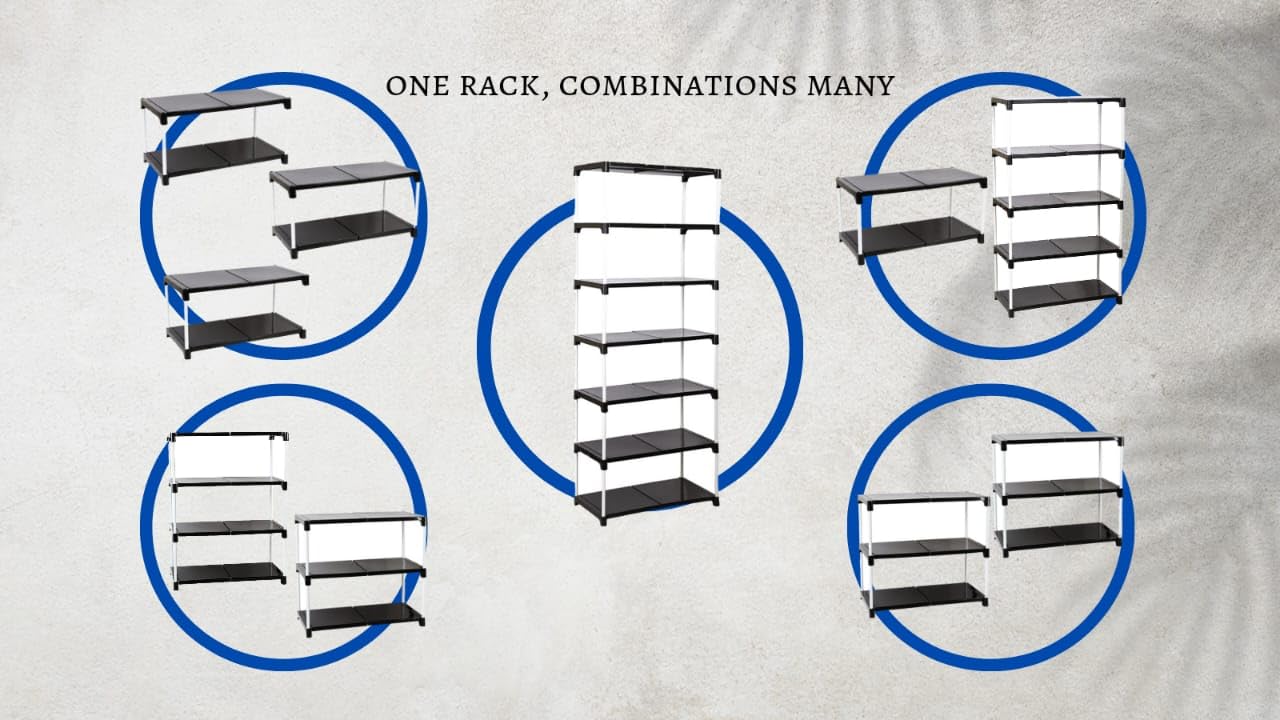 Dhani Creation Black & White Extra Strong Multipurpose Organizer Plastic Steps and Powder Coated Metal Rods Shoe Racks/Clothes/Books/Utility Rack (7 Step)