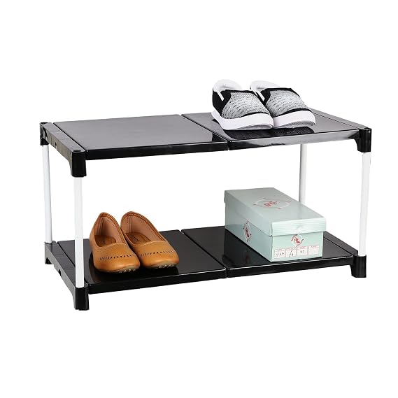 Dhani Creation Black & White Extra Strong Multipurpose Organizer Plastic Steps and Powder Coated Metal Rods Shoe Racks/Clothes/Books/Utility Rack (2 Step)