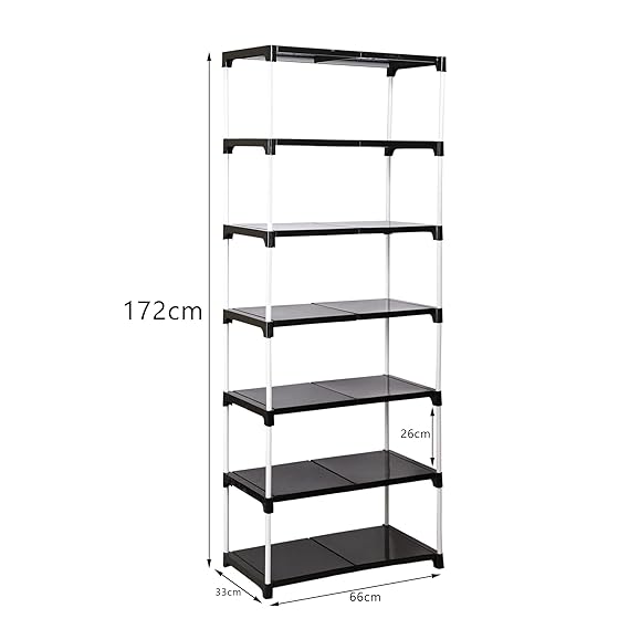 Dhani Creation Black & White Extra Strong Multipurpose Organizer Plastic Steps and Powder Coated Metal Rods Shoe Racks/Clothes/Books/Utility Rack (7 Step)