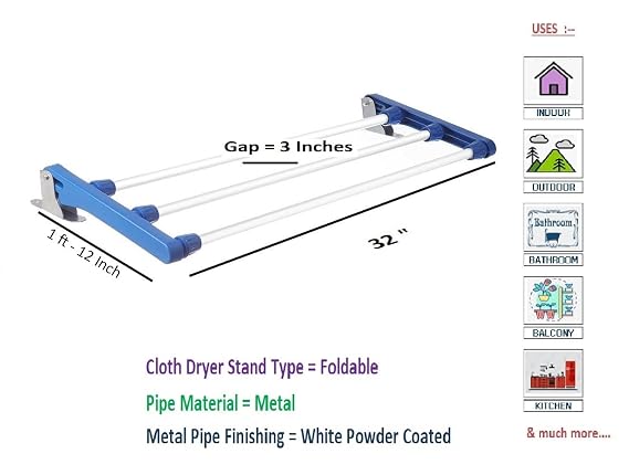 Dhani Creations Mild Steel Wall Mounted Foldable Drying Rack Stand - 3 Pipe X 2 Feet/24 inches (Blue, 2 feet 8 inches)(Alloy Steel)