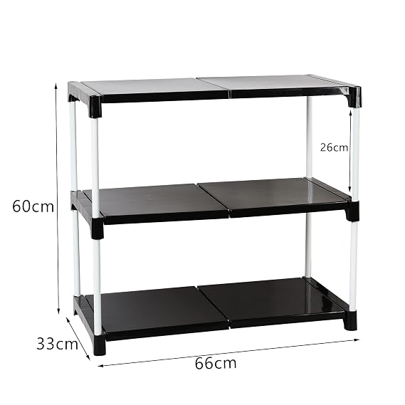 Dhani Creation Black & White Extra Strong Multipurpose Organizer Plastic Steps and Powder Coated Metal Rods Shoe Racks/Clothes/Books/Utility Rack (3 Step)