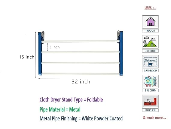 Dhani Creations Steel Wall Mounting Cloth Drying Stand | Foldable Cloth Dryer Stand, Cloth Rack (4 Pipe X 32 inches)(Alloy Steel)