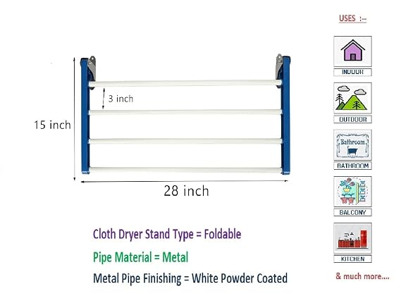 Dhani Creations Steel Wall Mount Cloth Drying Stand | Cloth Dyrer | Clothes Hanger (4 Pipe X 28 inches)