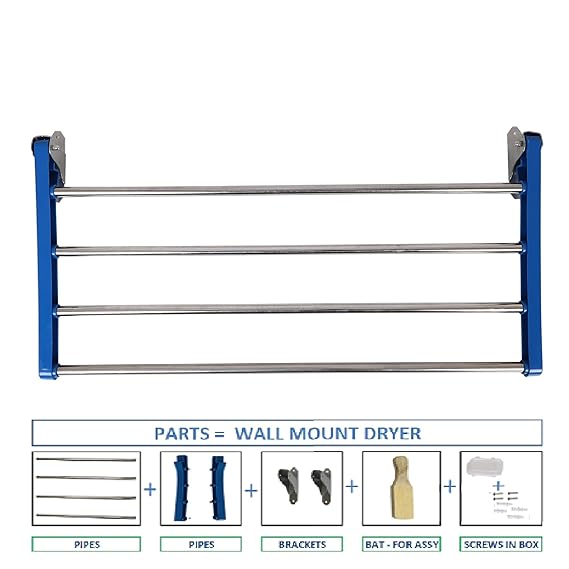 Dhani Creations Wall Mounted Clothes Drying Rack/Clothes Stand for Drying/Wall Cloth Stand Hanger/Foldable Cloth Drying Stand for Balcony/Indoor/Outdoor, 4 Pipes X 2 Feet/28 Inches (Blue)